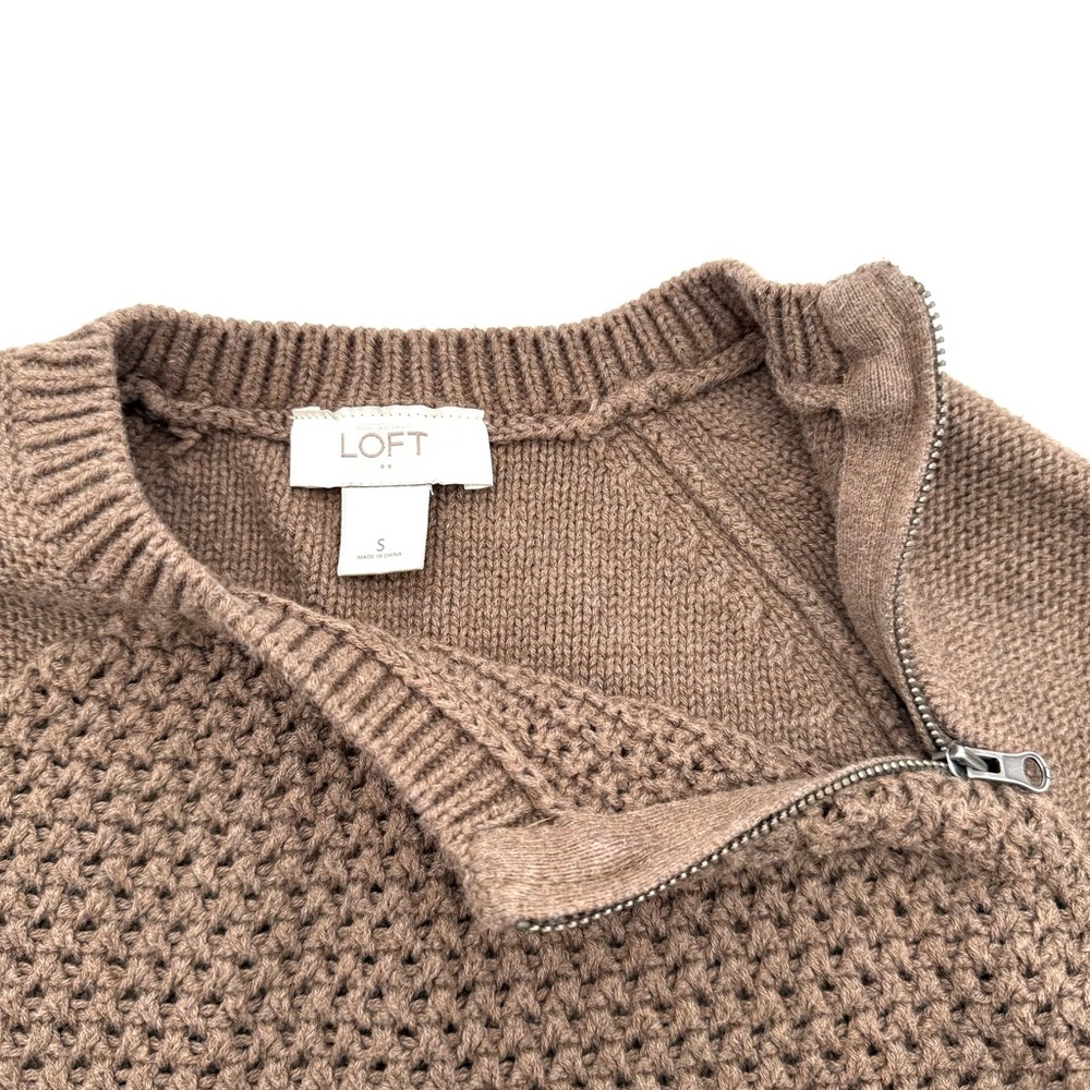 Loft Womens Crewneck Cable Knit Sweater Size Small S Zip opening Brown Top Shirt - Picture 3 of 4